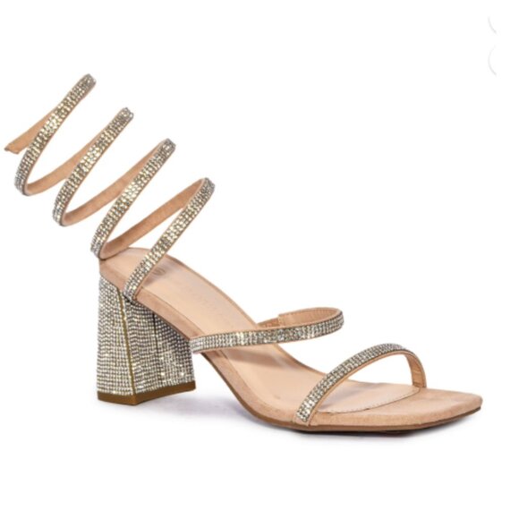 Gold Rhinestone Spiral Ankle Strap Square Toe Low Block Heel Sandals Size 10 - Picture 1 of 11